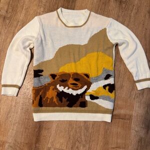 Vintage Intarsia Knit Bear Landscape Sweater - Earthy Gorpcore Scenic Knit - M